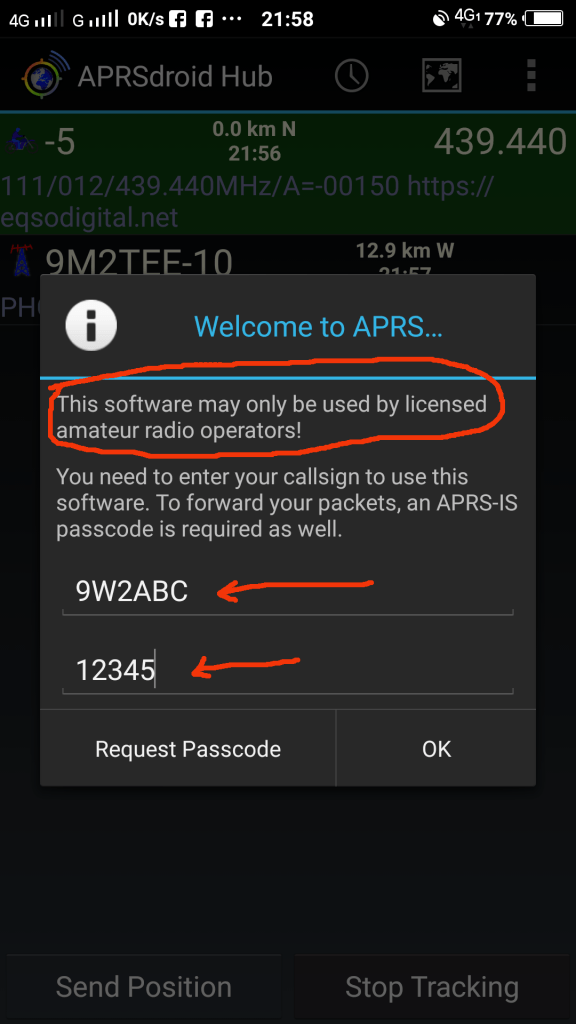 APRSdroid — masukkan callsign dan passcode