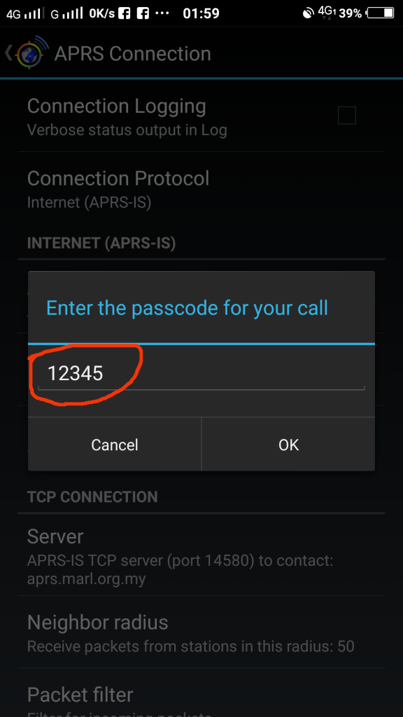 APRS-IS Passcode setting